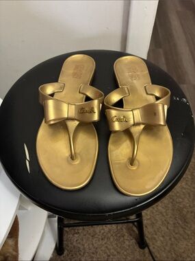 Coach Metallic Gold Bow Thong Sandals